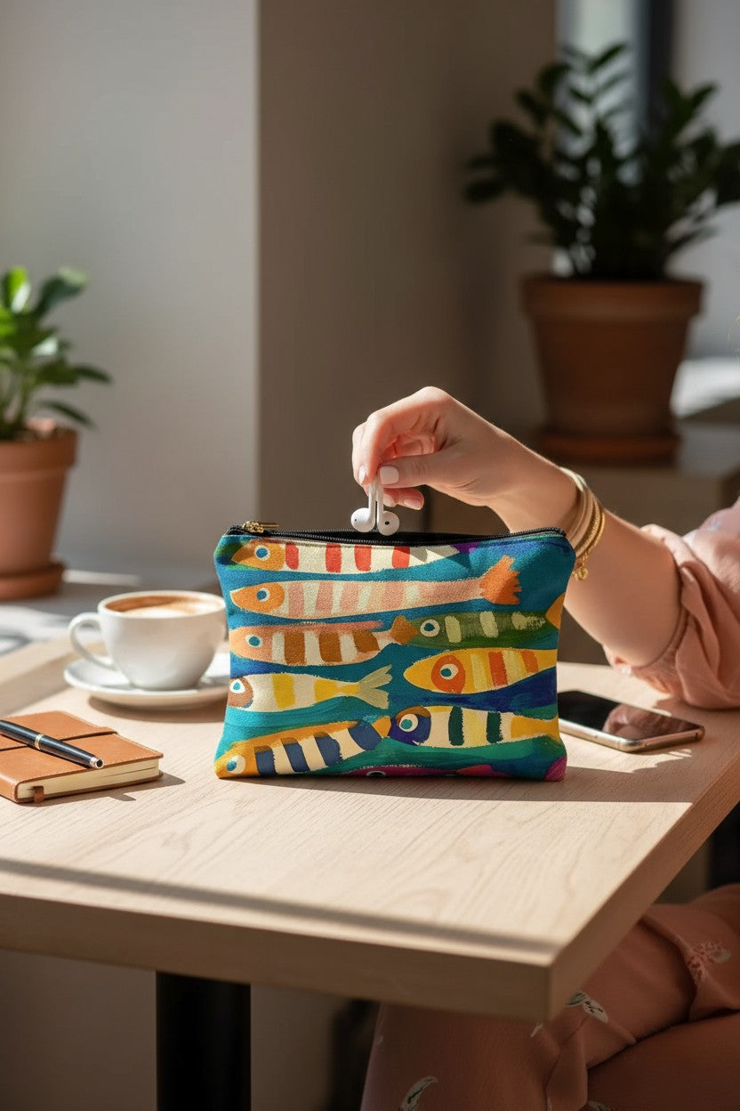 Canvas Zip Pouch - Here Fishy Fishy Fishy