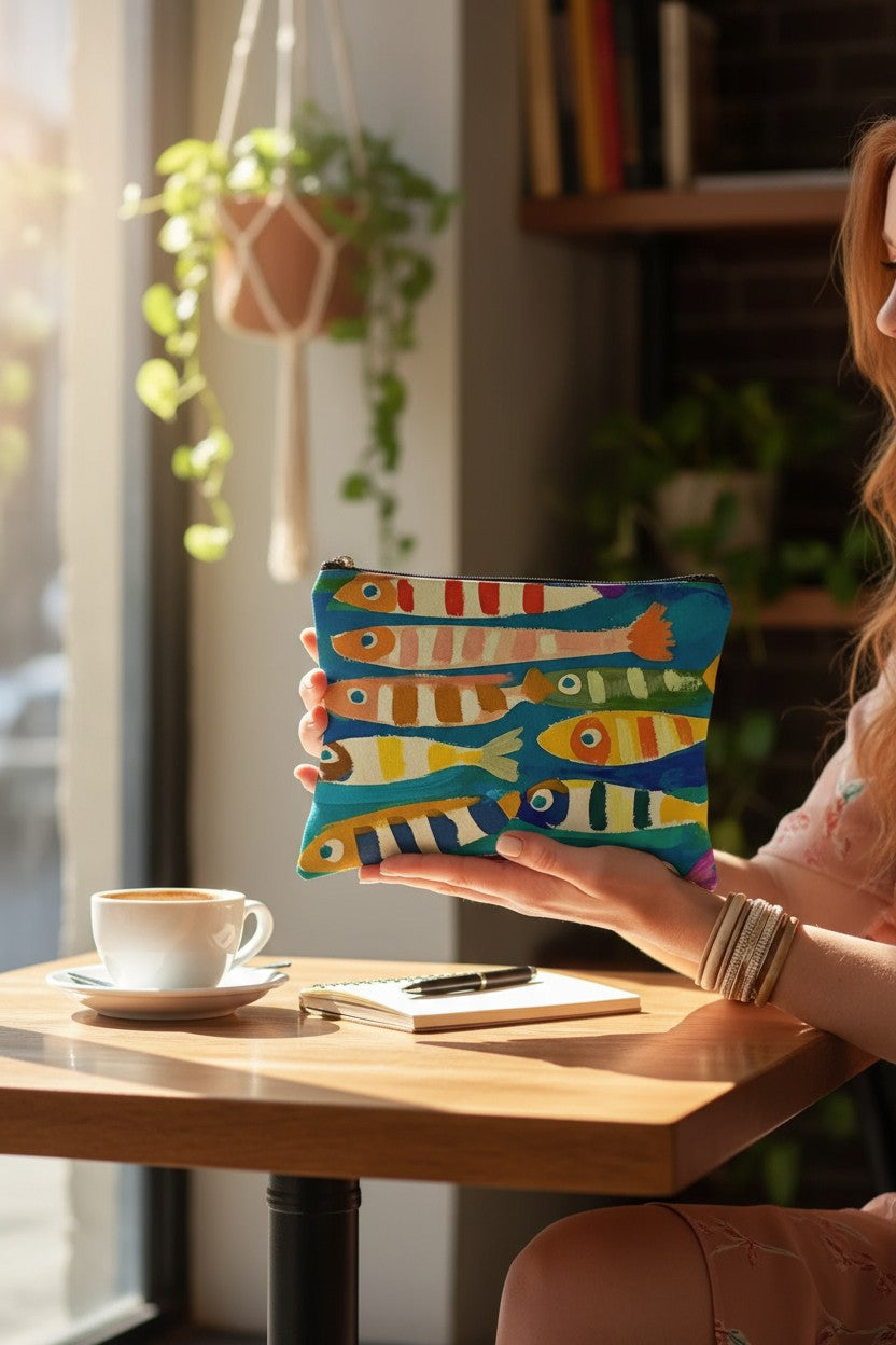 Canvas Zip Pouch - Here Fishy Fishy Fishy