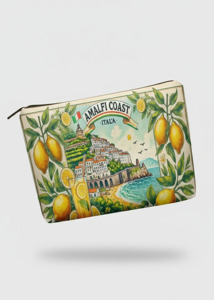 Pouch with Amalfi Coast design featuring lemons and a scenic view on a white background