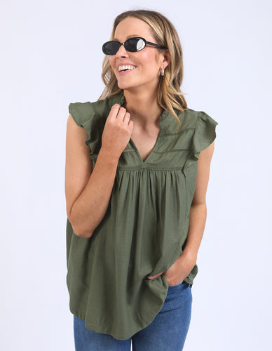 elm Lifestyle Market Lace Trim Blouse Clover Khaki