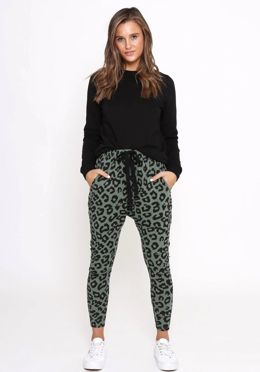 Mila Leopard Print Jogger Pants - Khaki & Black