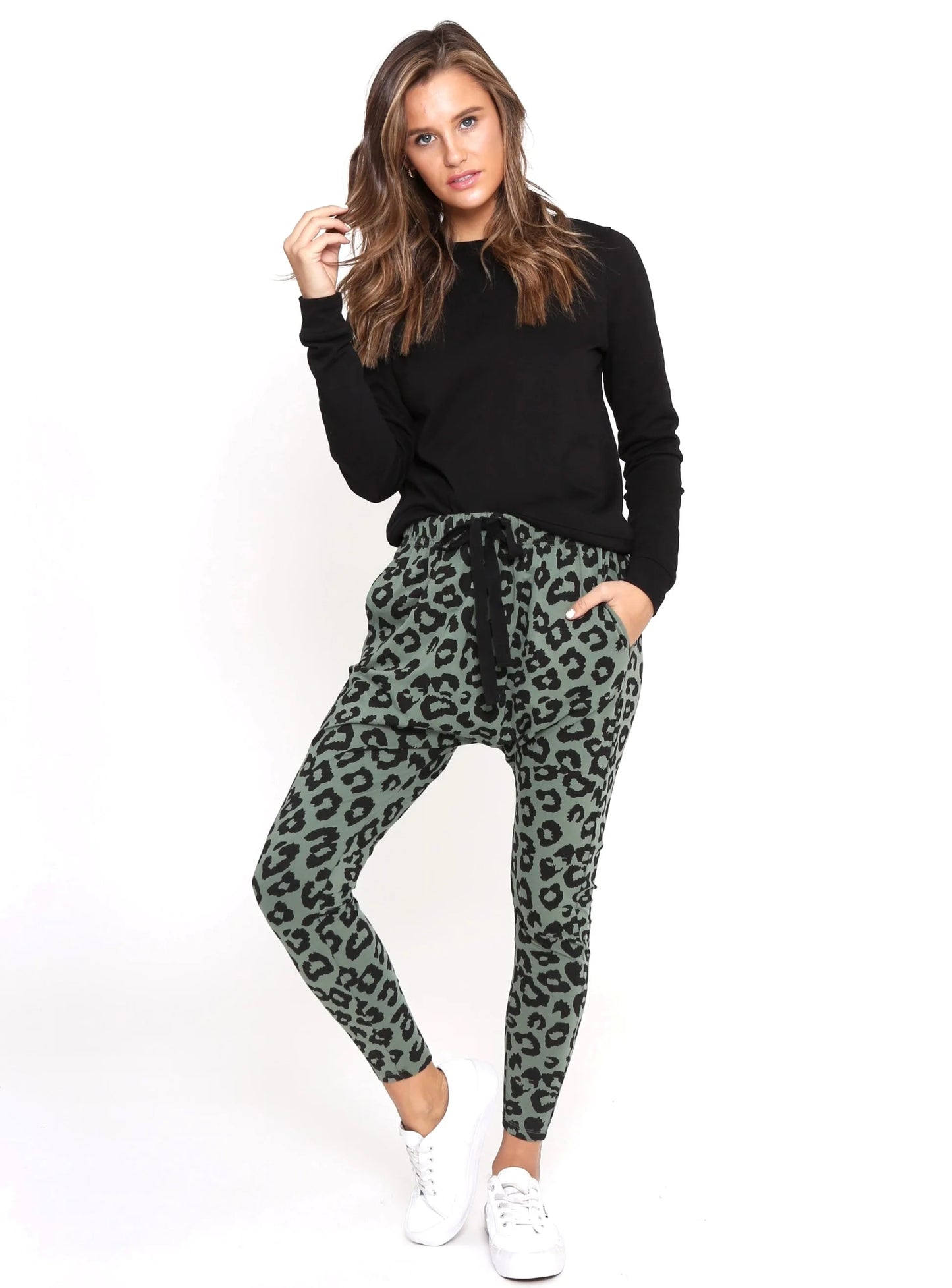 Mila Leopard Print Jogger Pants - Khaki & Black