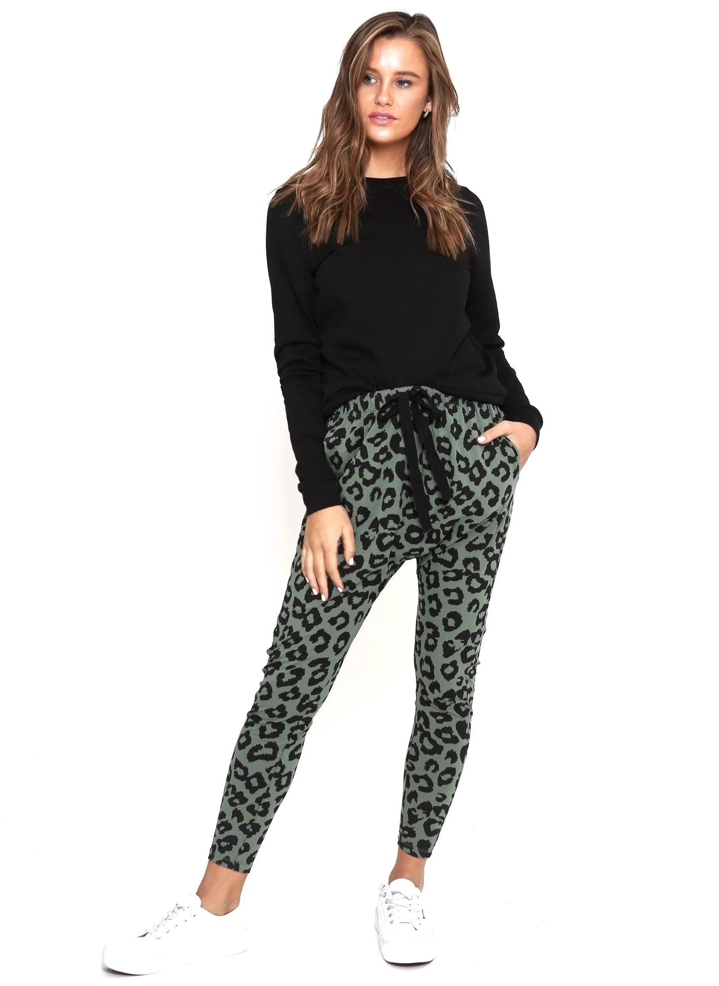 Mila Leopard Print Jogger Pants - Khaki & Black