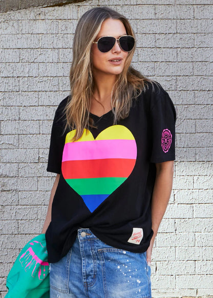 Rainbow Heart V Neck Tee - Black
