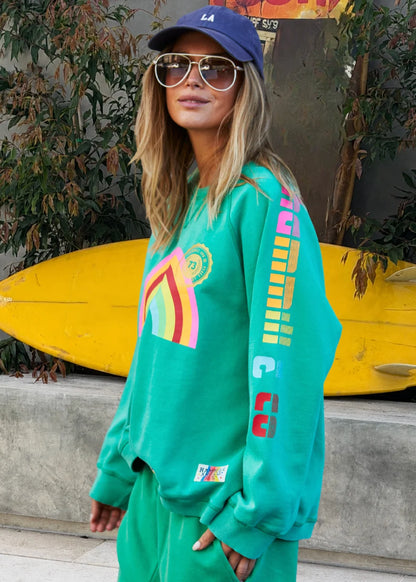 hammill and co womens green rainbow sweater with rainbow graphic print