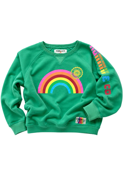 hammill and co womens green rainbow sweater with rainbow graphic print