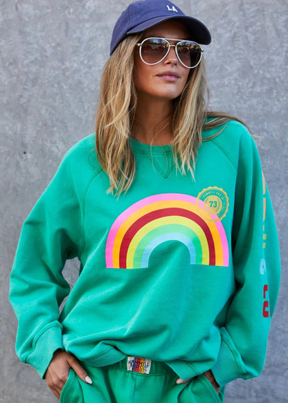 hammill and co womens green rainbow sweater with rainbow graphic print