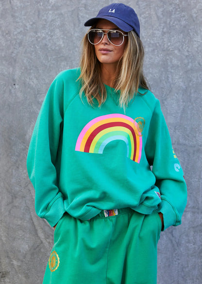 hammill and co womens green rainbow sweater with rainbow graphic print