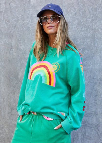 hammill and co womens green rainbow sweater with rainbow graphic print