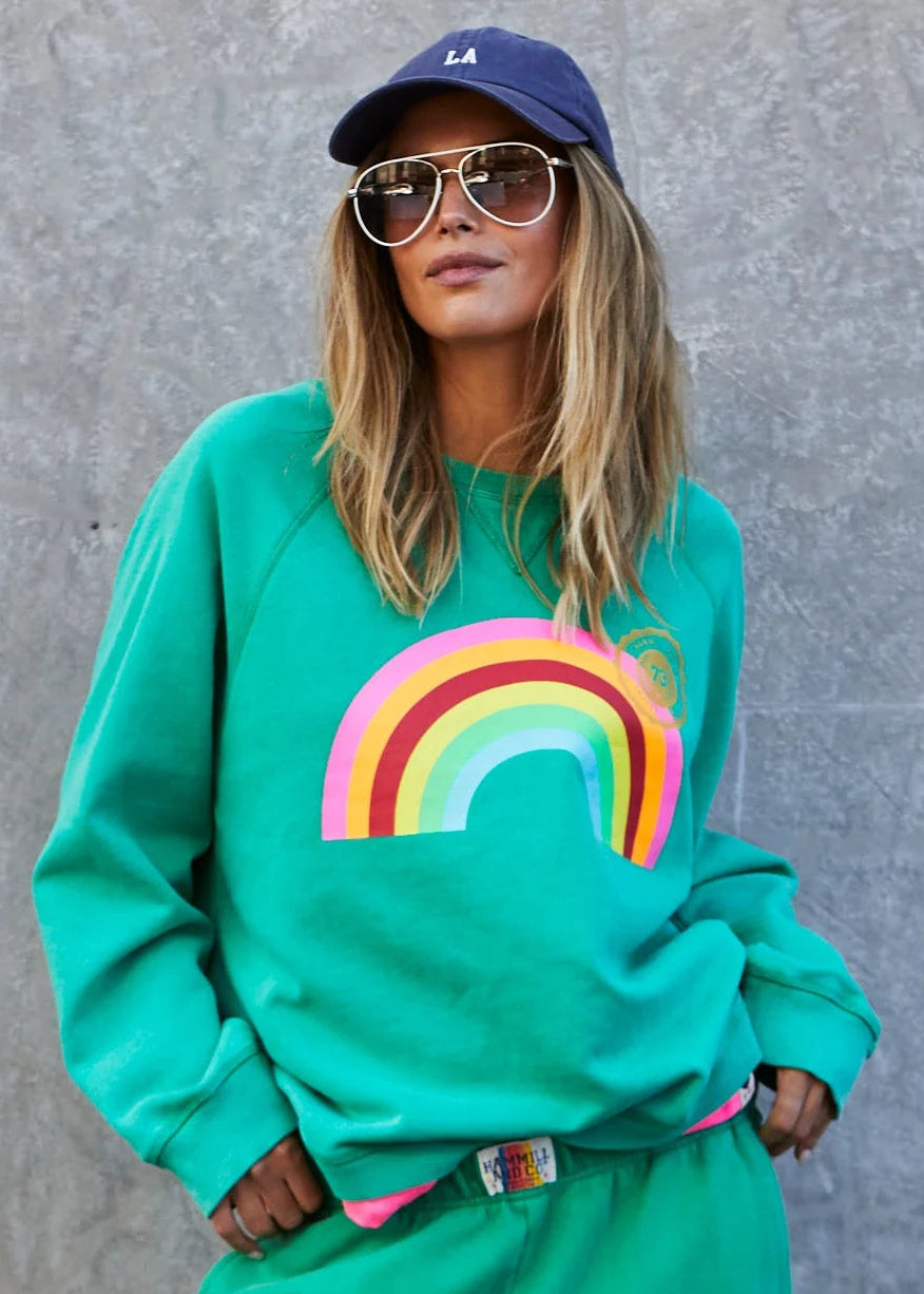 hammill and co womens green rainbow sweater with rainbow graphic print