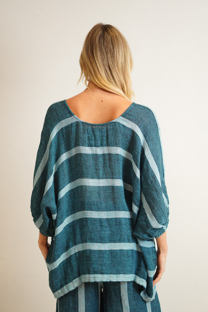 Womens gemstone blue striped linen top one size breathable mesh linen back vew