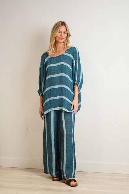 Rosetta woven linen top gemstone blue stripe relaxed fit