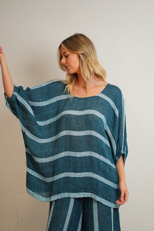 Rosetta woven linen top gemstone blue stripe relaxed fit