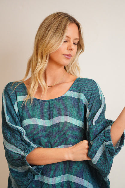Womens gemstone blue striped linen top one size breathable mesh linen