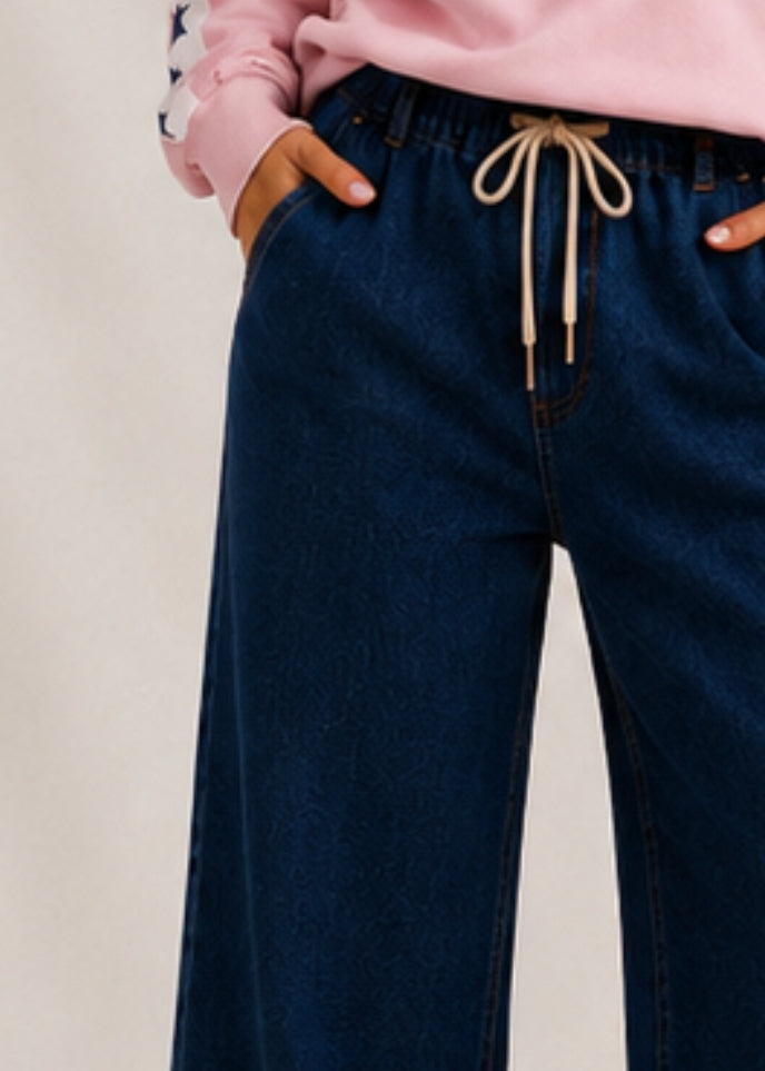 Women's Indigo pull on wide leg jeans with elastic waist