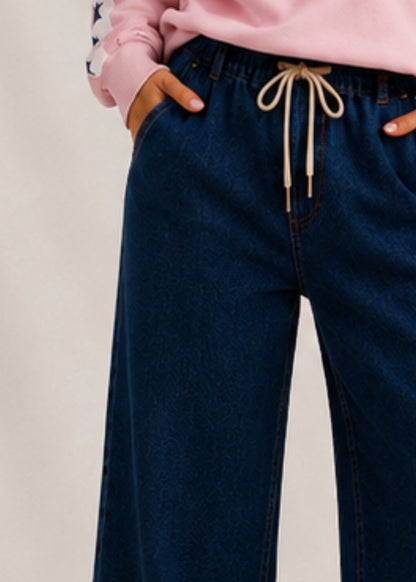 Women's Indigo pull on wide leg jeans with elastic waist
