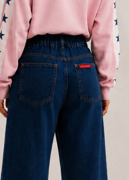 Indigo cropped wide leg jeans with drawstring waist back view