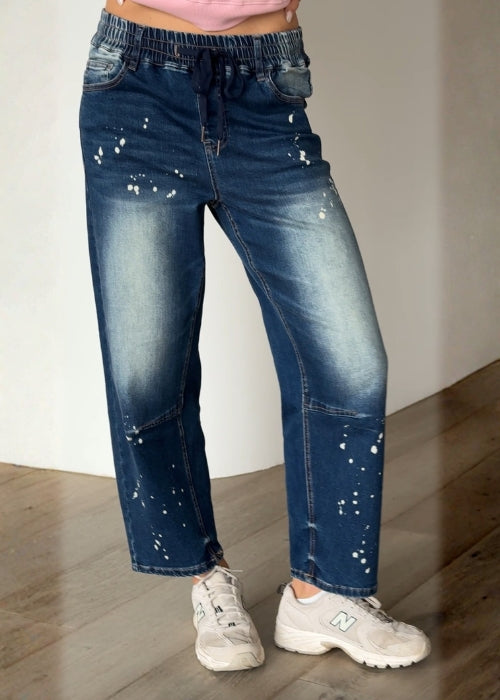 Splatter Barrel Leg Jeans - Blue Wash