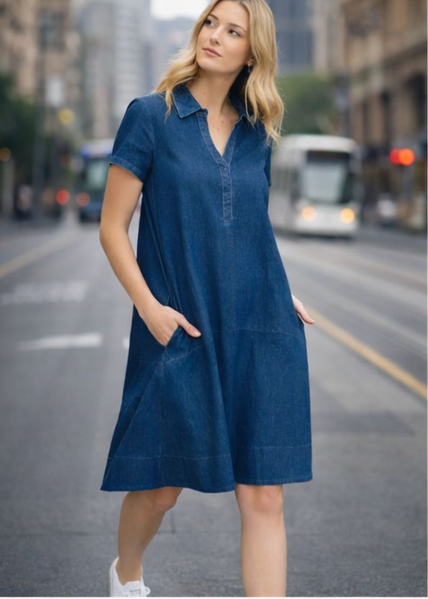 Tibby A-Line Polo Shirt Dress - Denim
