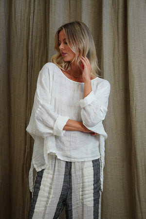Valentina Long Sleeve Linen Top - White Combo