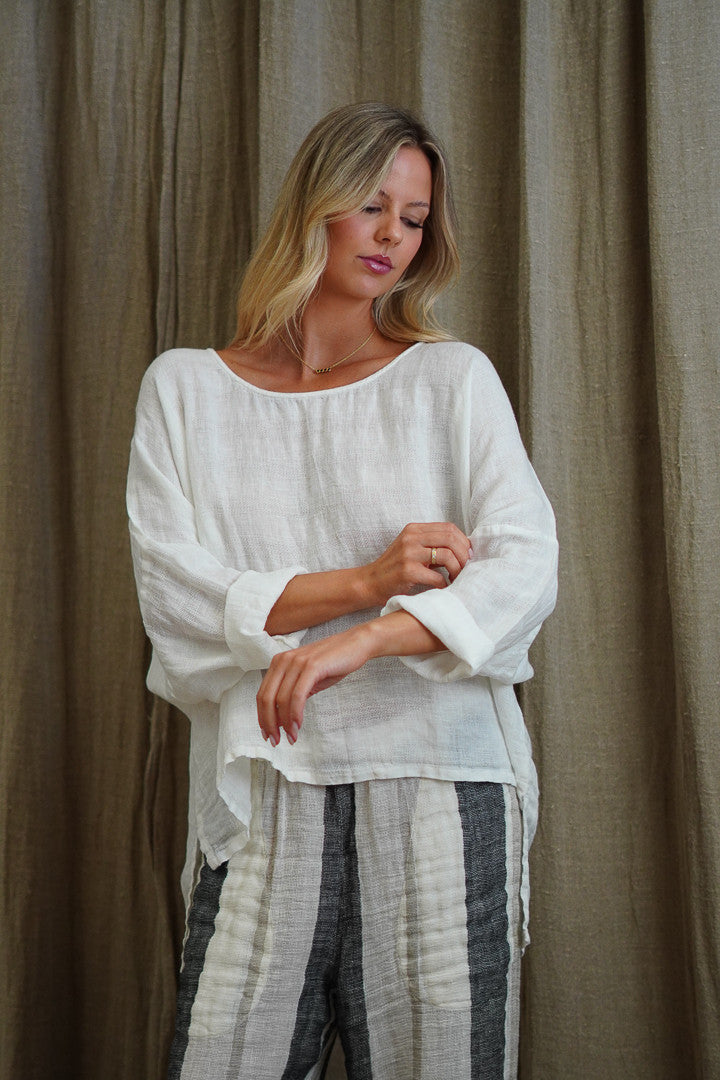Valentina Long Sleeve Linen Top - White Combo