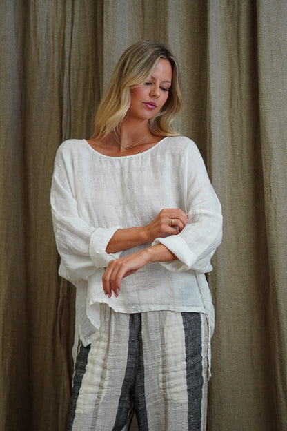 Valentina Long Sleeve Linen Top - White Combo