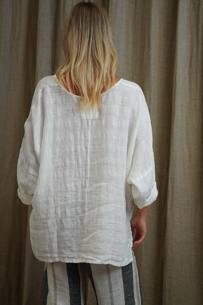Valentina Long Sleeve Linen Top - White Combo