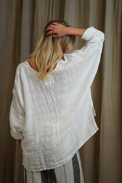 Valentina Long Sleeve Linen Top - White Combo