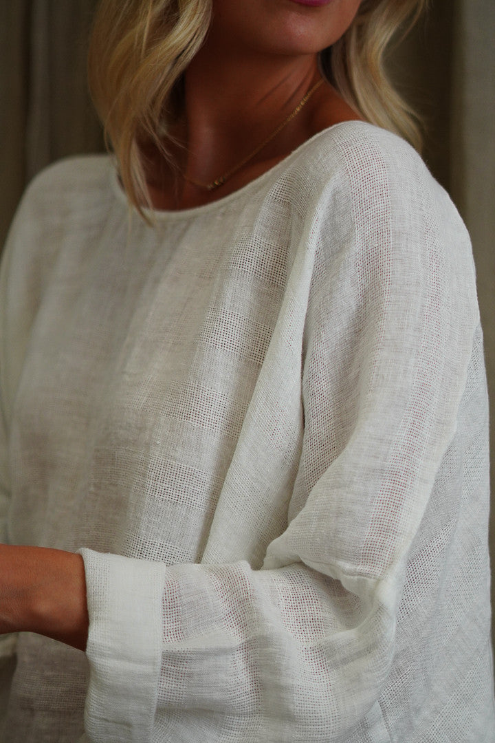 Valentina Long Sleeve Linen Top - White Combo