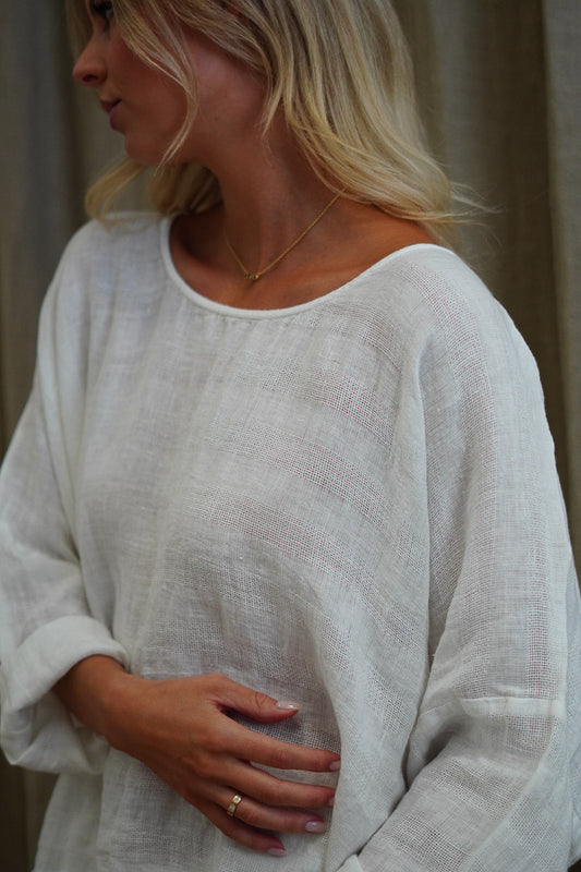 Valentina Long Sleeve Linen Top - White Combo