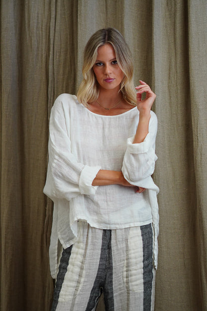 Valentina Long Sleeve Linen Top - White Combo