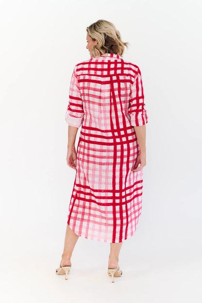 Back view of Macy Dress red and white check cotton midi dress