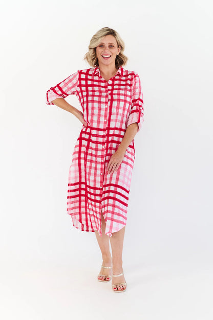 alexander santorini Macy Dress red and white check midi shirt dress with button-down front