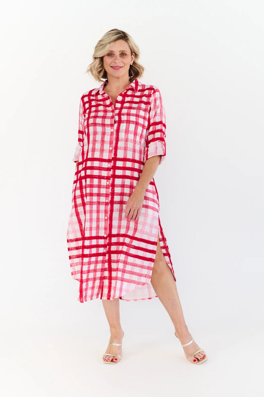 Macy Dress red and white check cotton voile midi dress