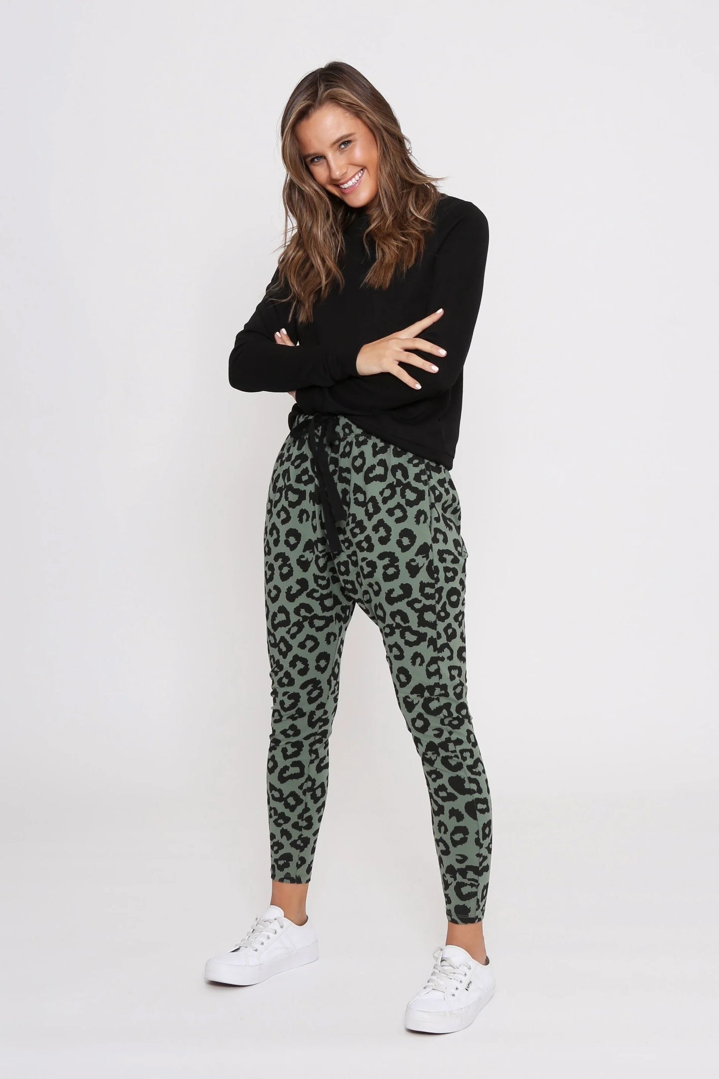 Mila Leopard Print Jogger Pants - Khaki & Black