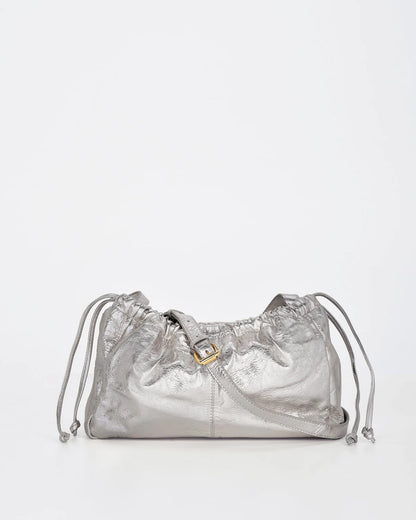 Silver metallic drawstring bag on a white background