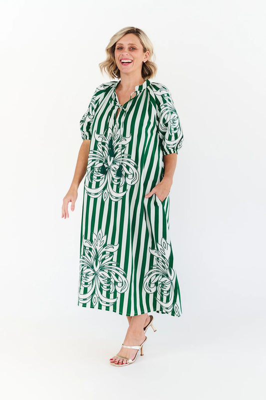 Green striped cotton poplin midi dress with keyhole neckline and tassels