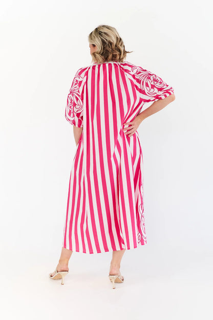 Back view of Ivy Pink Dress pink striped cotton midi dress