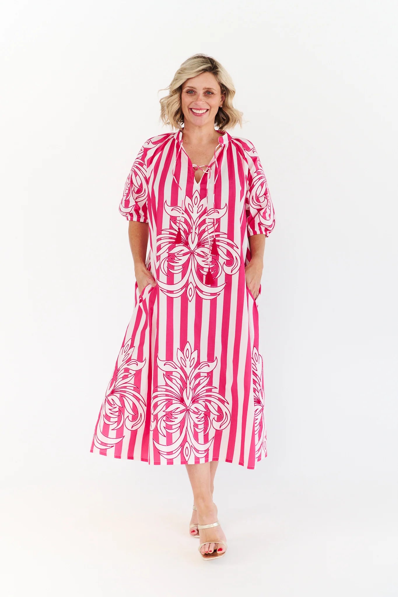 Ivy Pink Dress by Alexander Santorini pink striped cotton midi dress