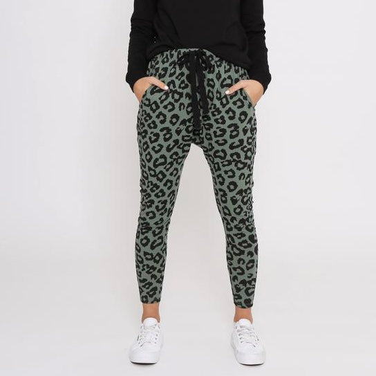 Mila Leopard Print Jogger Pants - Khaki & Black