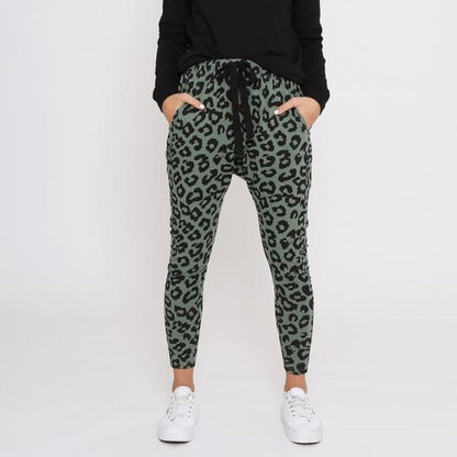 Mila Leopard Print Jogger Pants - Khaki & Black