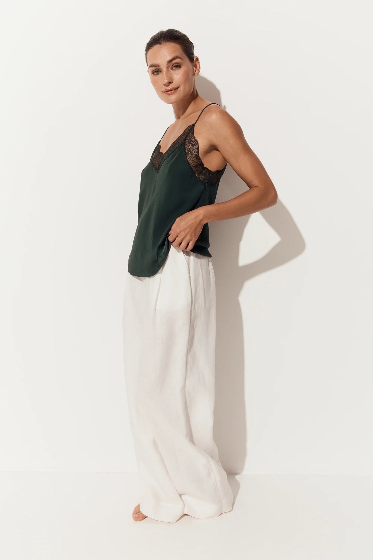 Women's bias cut silk camisole with lace trim