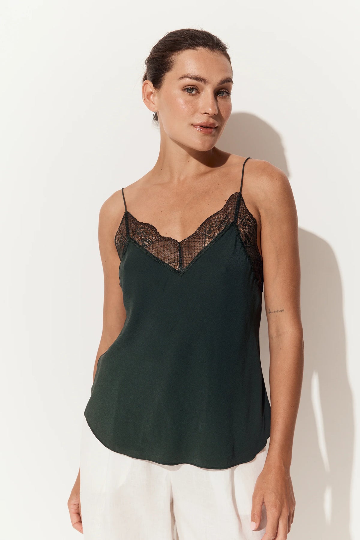 Lilly Pilly Frankie 100% silk cami in forest with lace V-neck