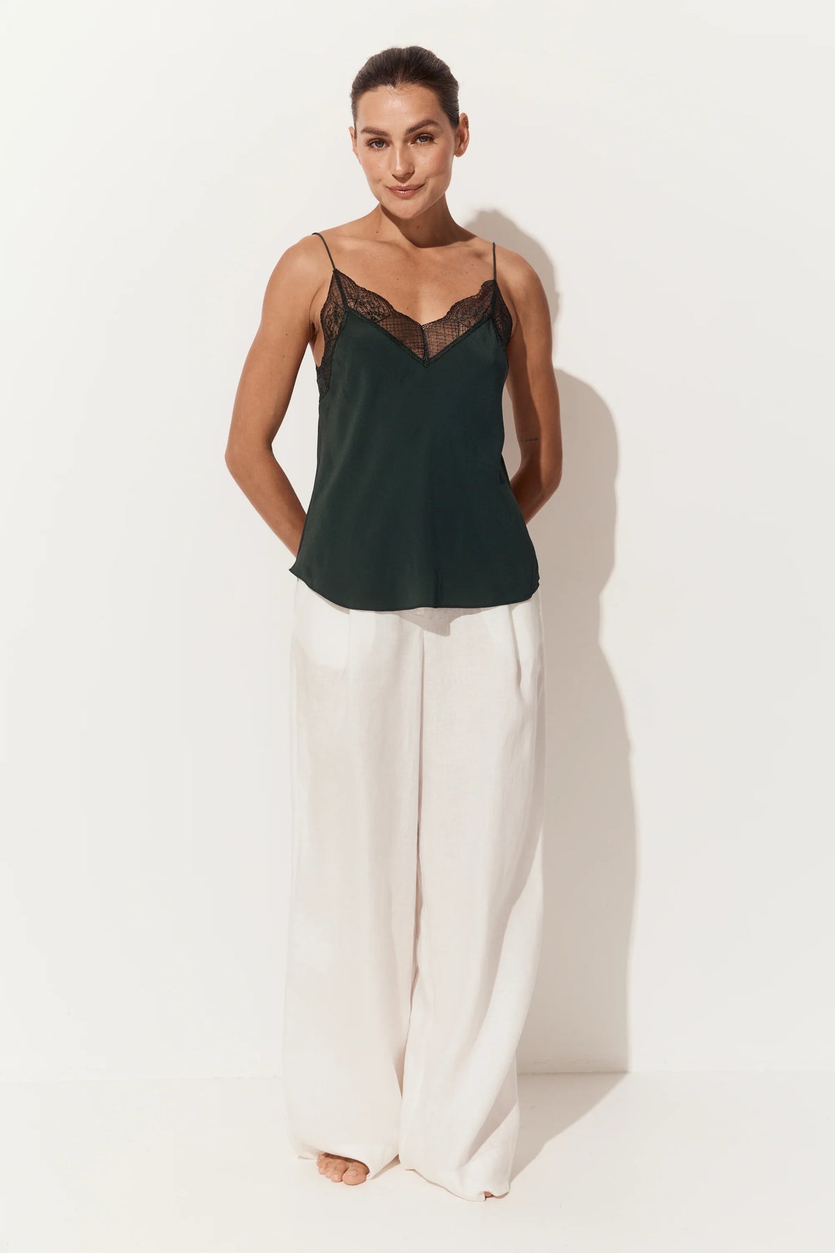 Women's bias cut silk camisole with lace trim