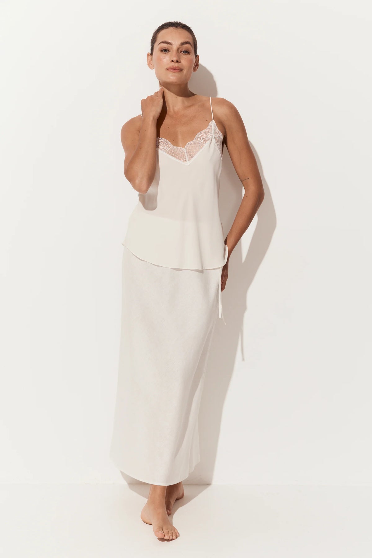 Women's bias cut silk camisole with lace trim