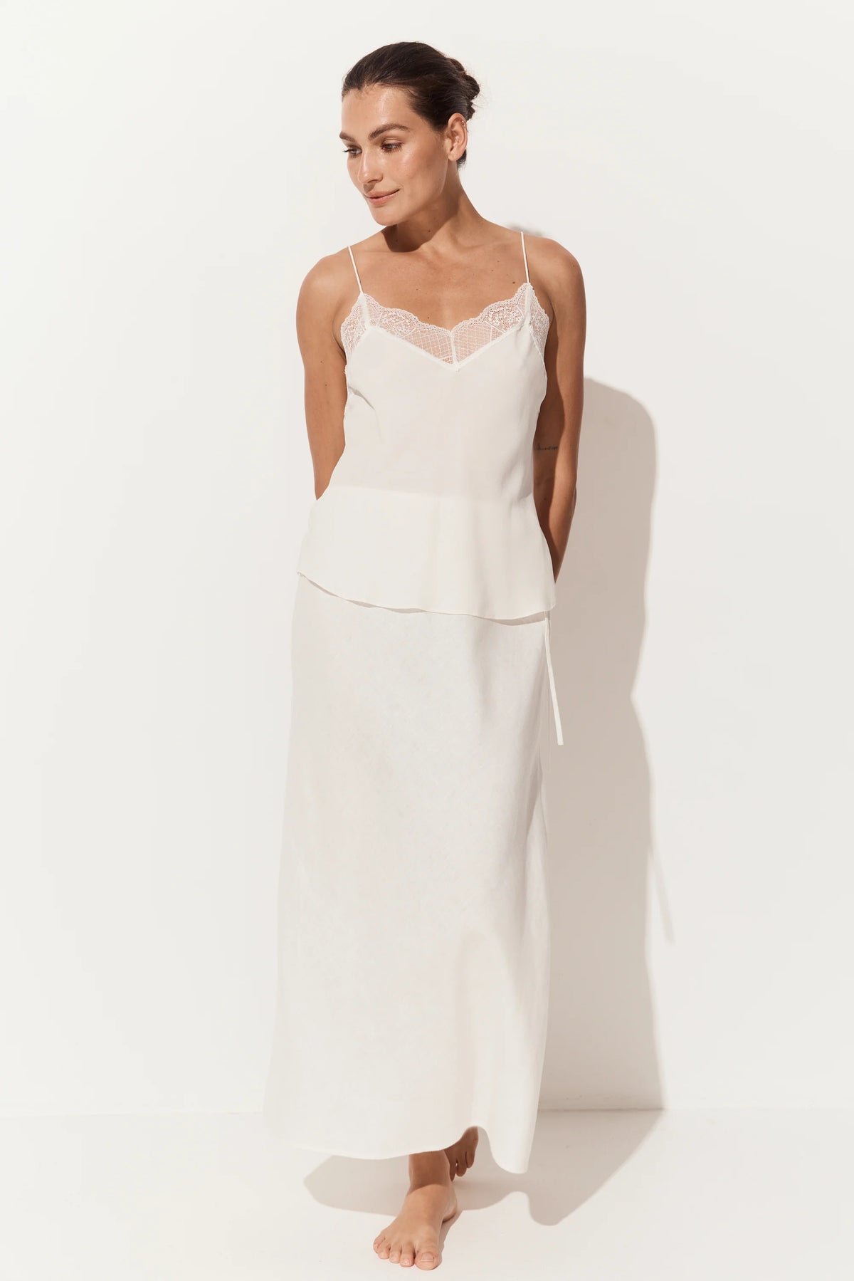 Women's bias cut silk camisole with lace trim