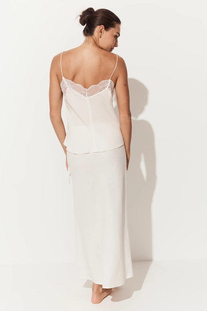 Women's bias cut silk camisole with lace trim ivory back view