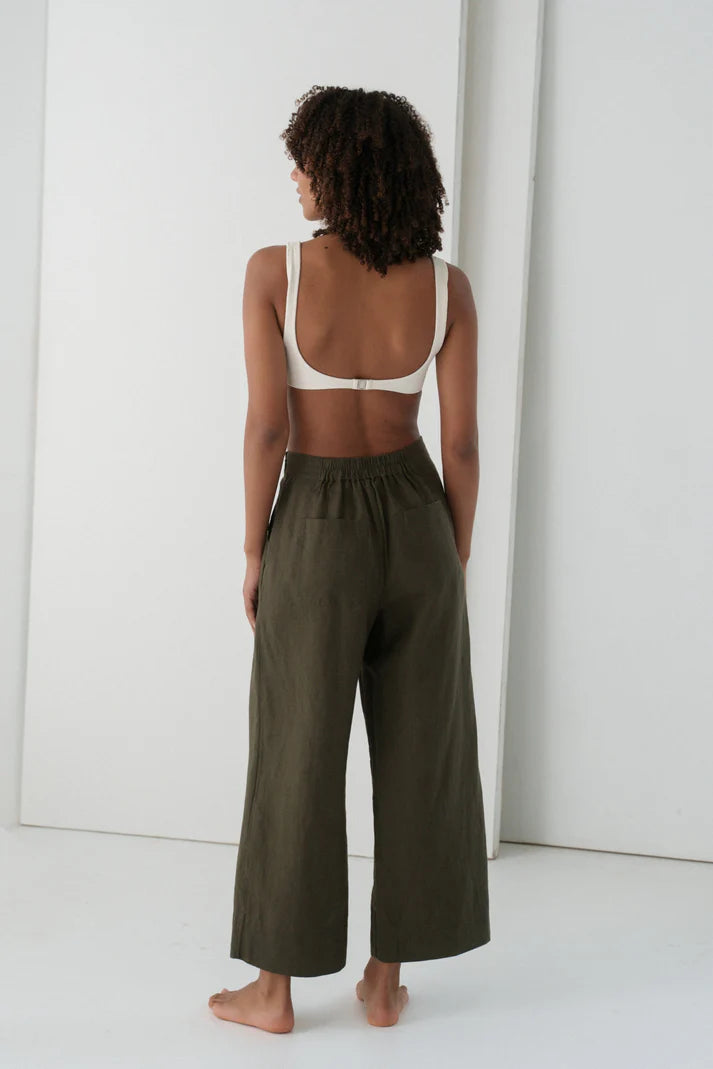 Khaki Cropped wide leg linen pants Australia