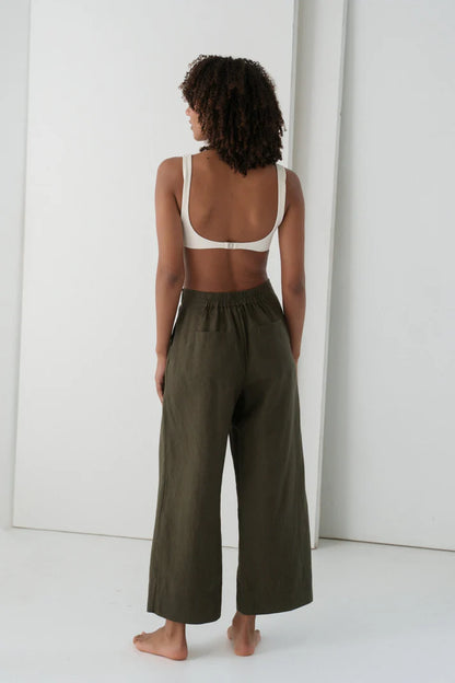 Khaki Cropped wide leg linen pants Australia