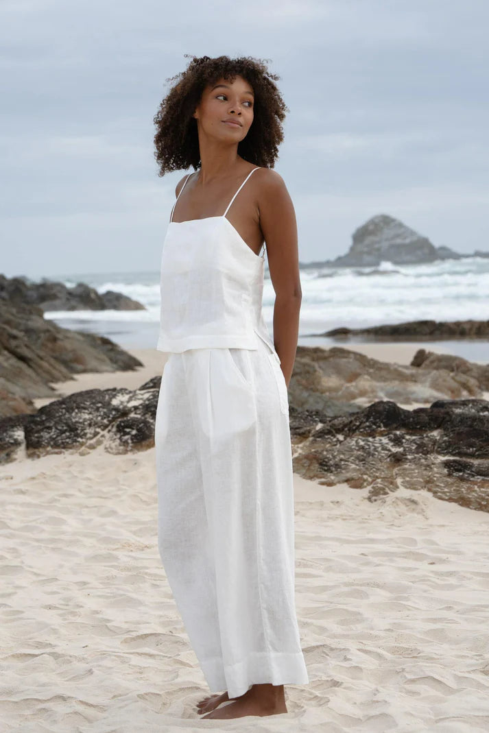 Lilly Pilly White Ivy Crop Linen Pants side detail

